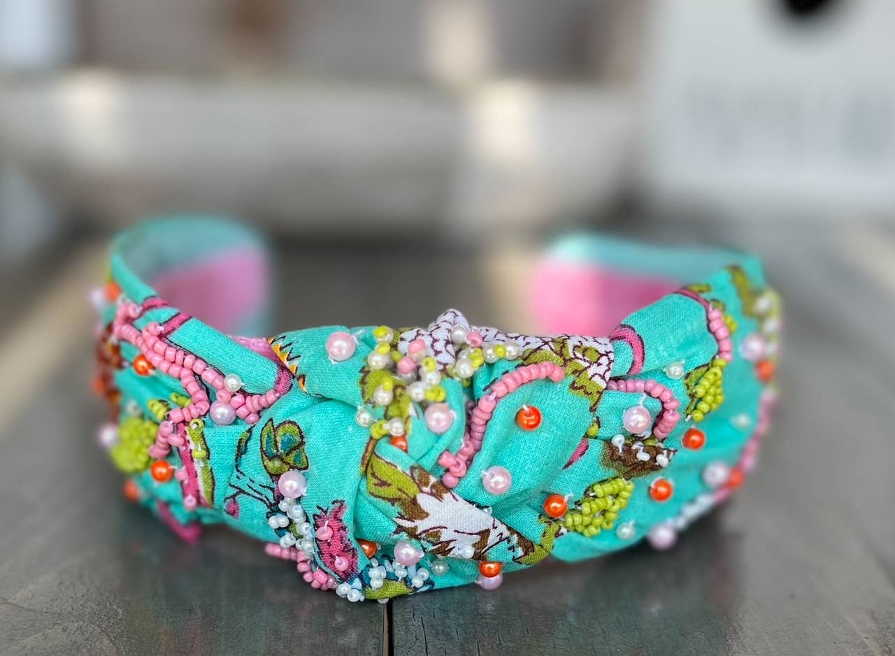 Aqua Floral Top Knot Beaded Headband