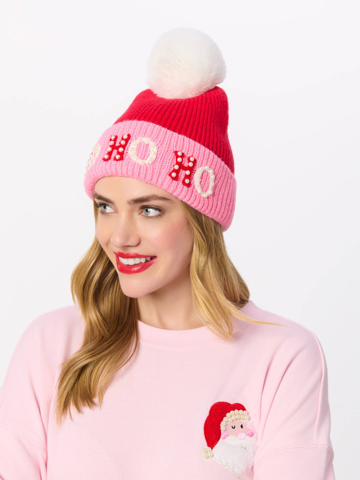 "HO HO HO" BEANIE WITH PEARLS, PINK