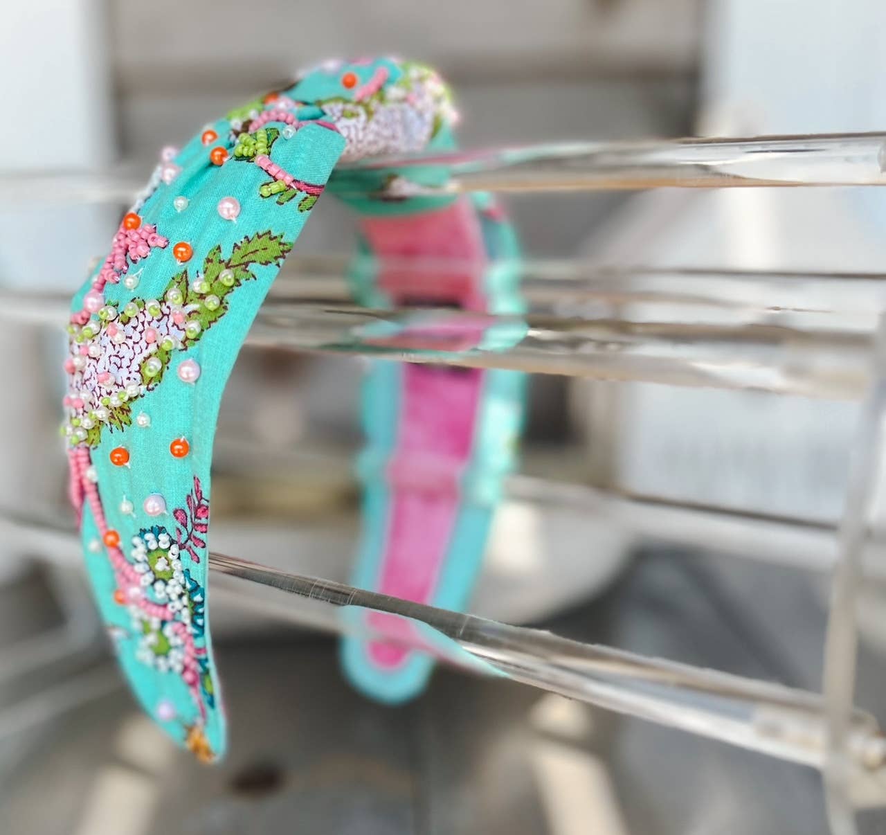 Aqua Floral Top Knot Beaded Headband