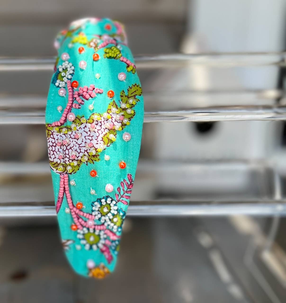 Aqua Floral Top Knot Beaded Headband