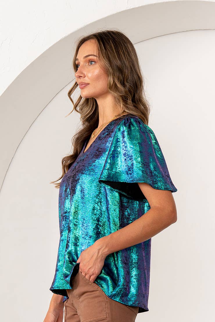 Metallic Sheen Iridescent Top with Puff Sleeves