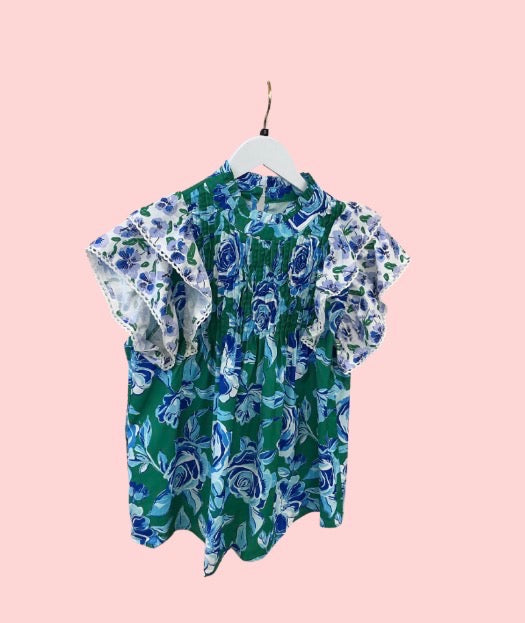 Blue on Green Floral