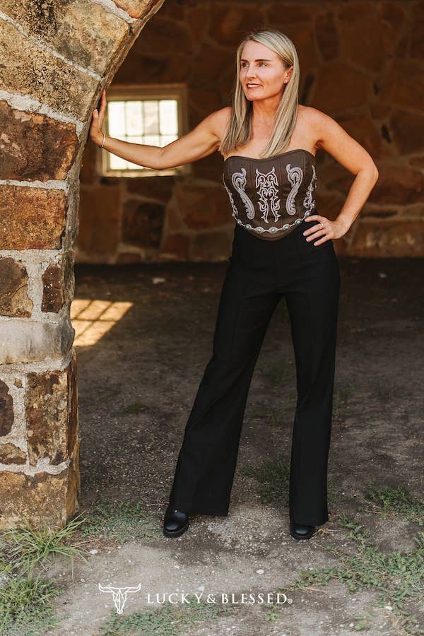 Black Solid Stretch Front Crease Detail Pants