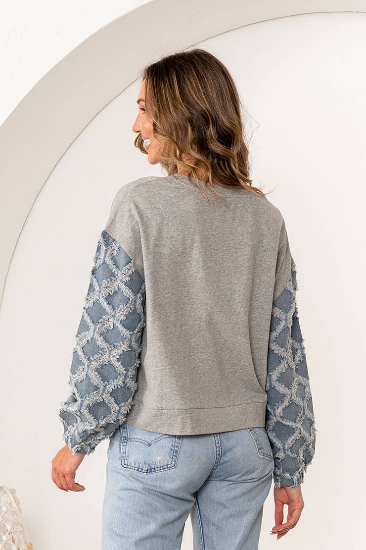 Plus Lattice Textured Denim Long Sleeves Knit Top