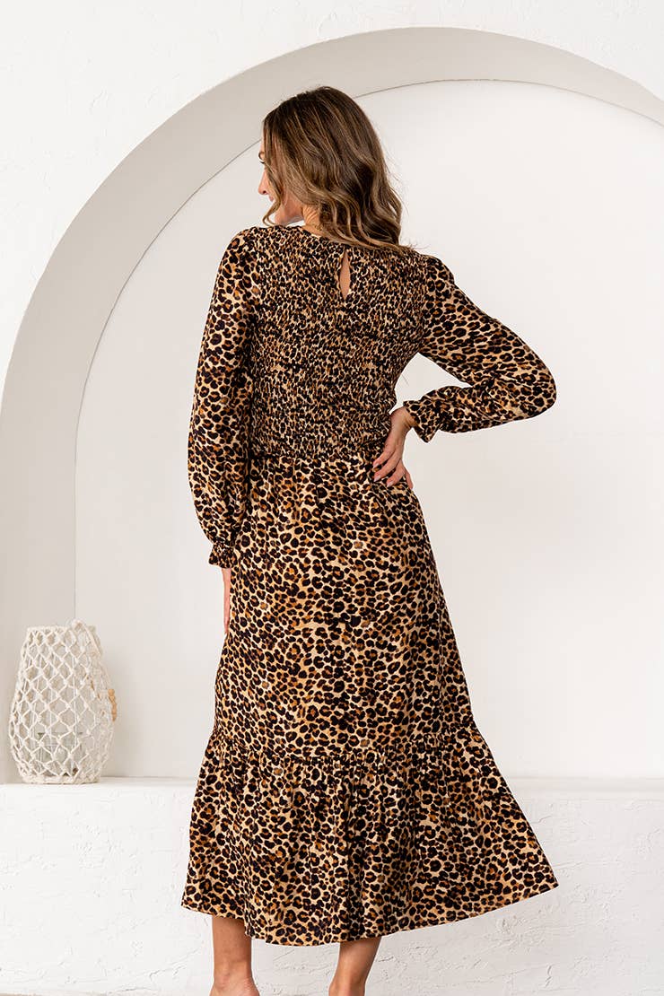 Relaxed Fit Leopard Print Long Sleeves Midi Dress