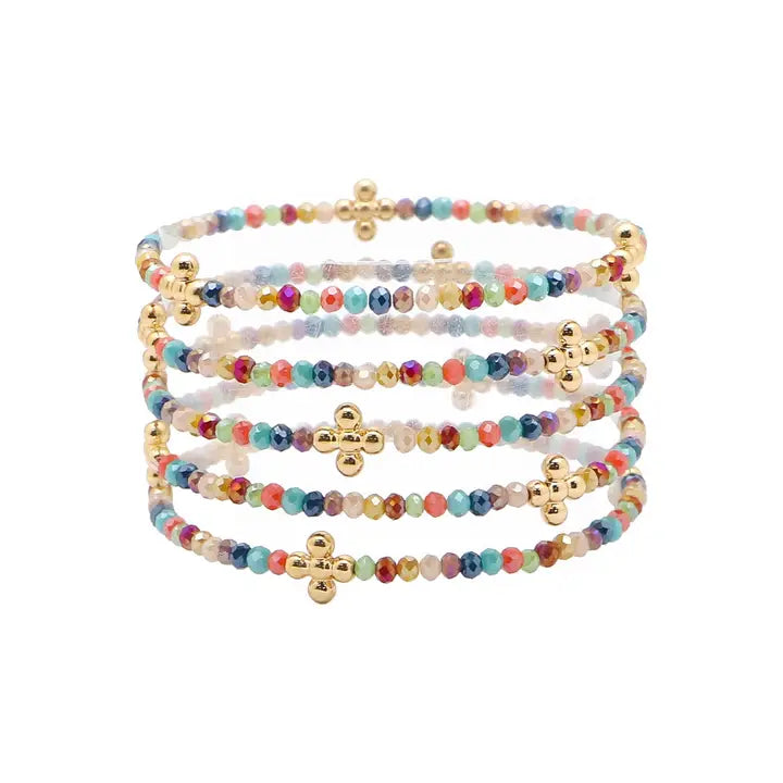 Set of 5 Gold Cross with Crystals Bracelets