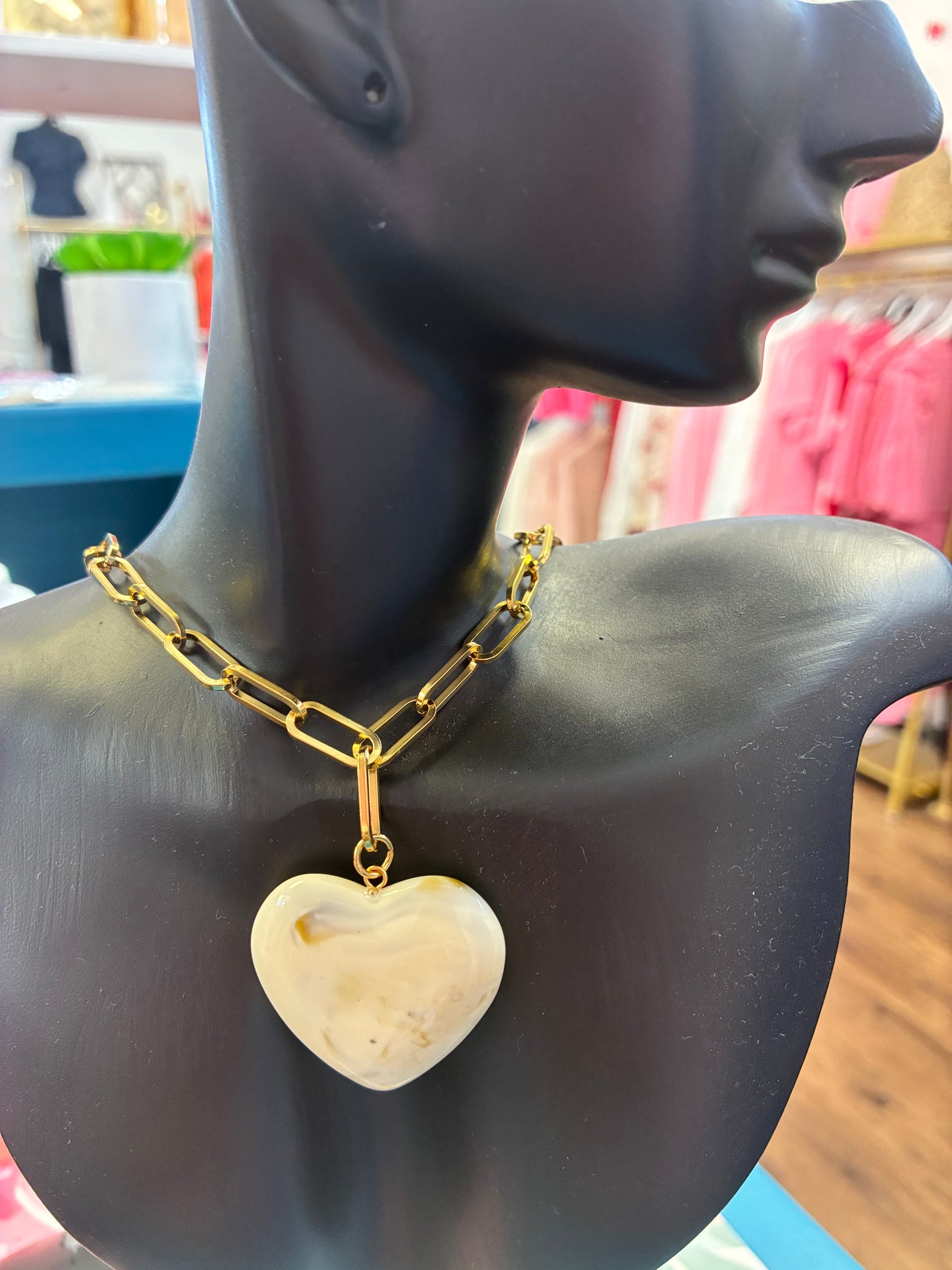 White Stone Heart Chain