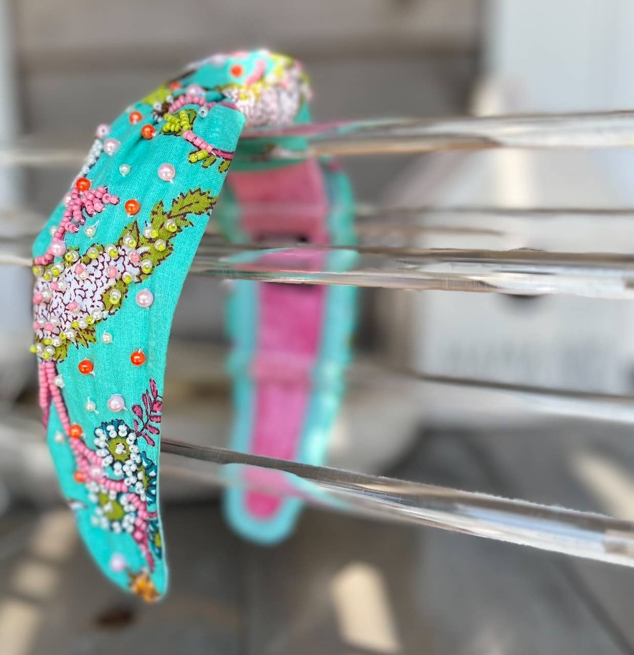 Aqua Floral Top Knot Beaded Headband