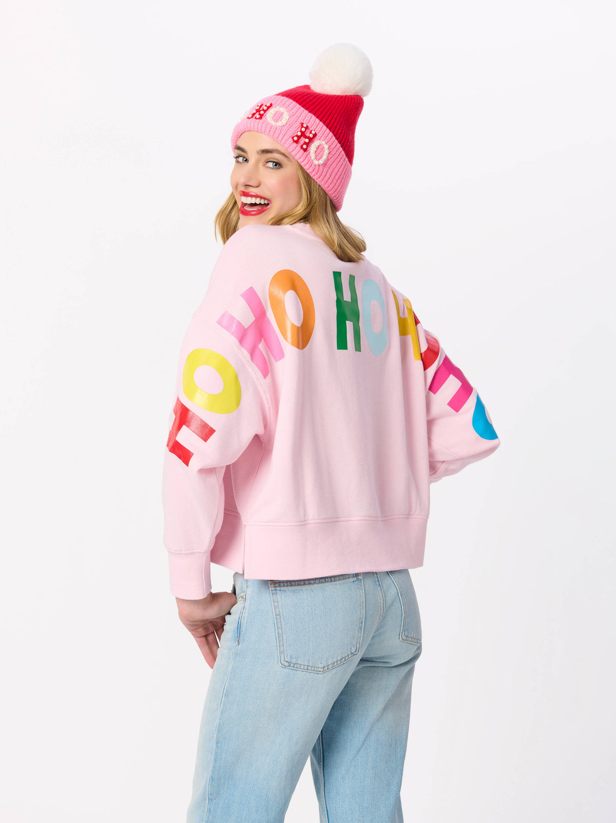 "HO HO HO" BEANIE WITH PEARLS, PINK