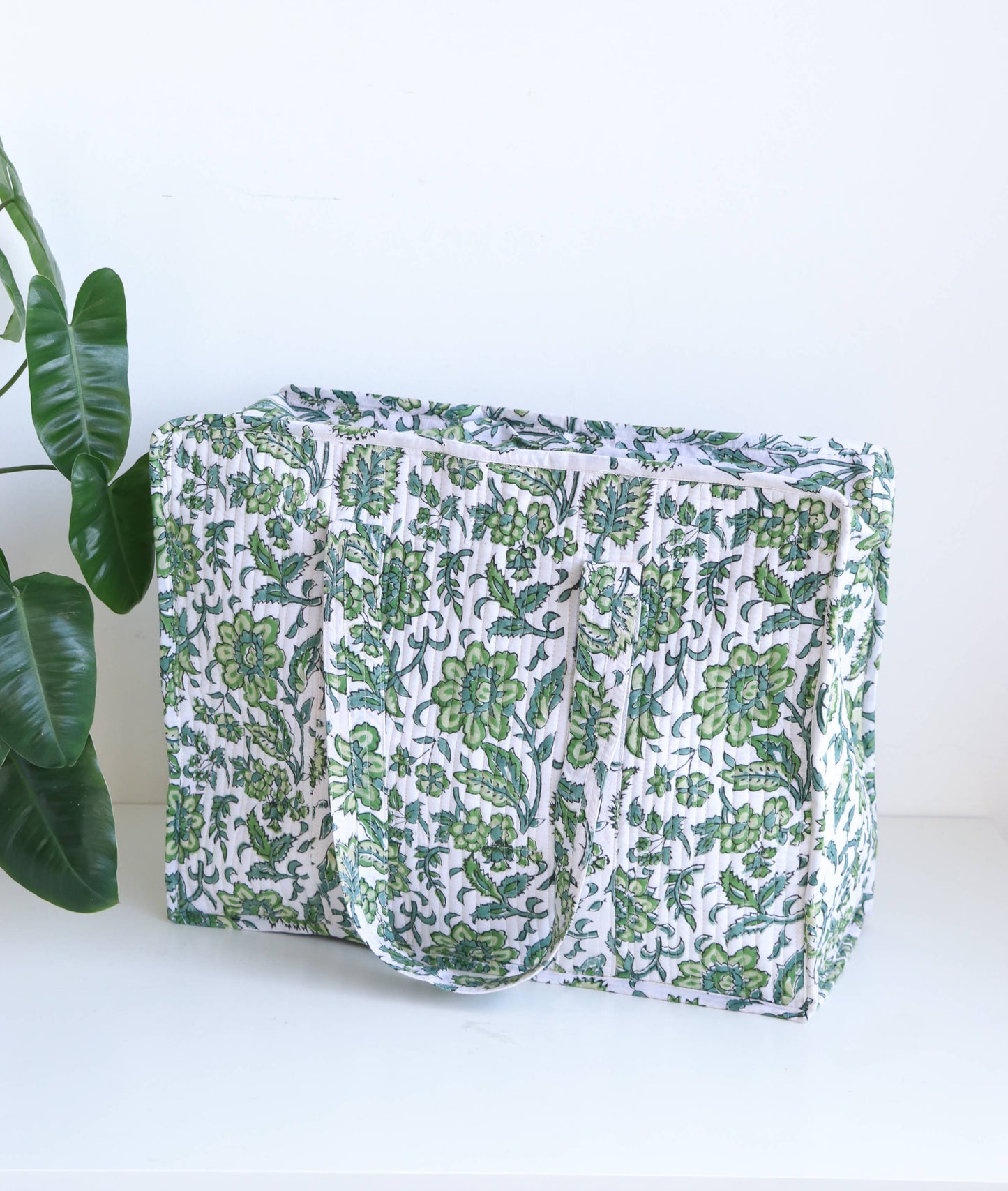 Floral Quilted XL Tote - Green & White Holiday Travel Bag