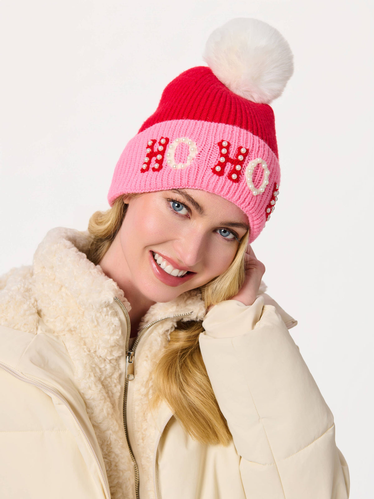 "HO HO HO" BEANIE WITH PEARLS, PINK