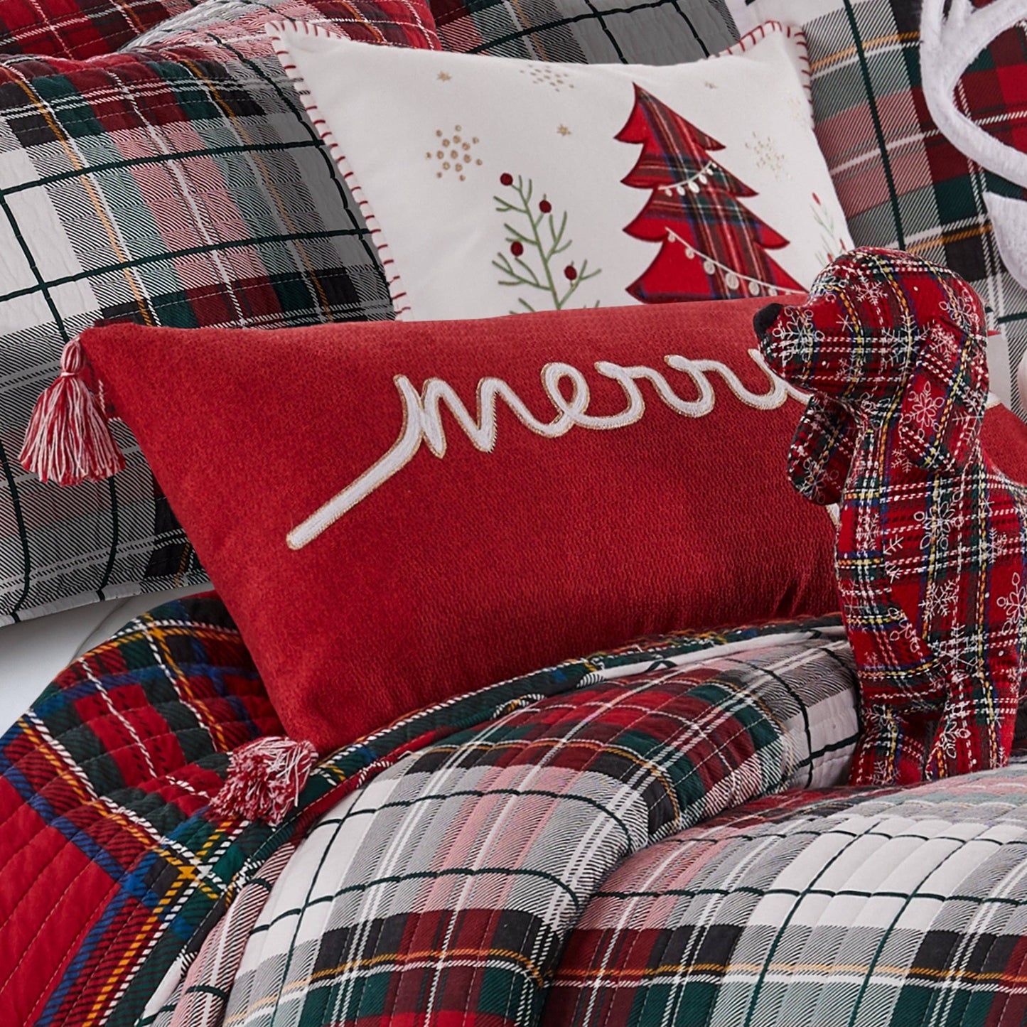Spencer Plaid Merry Embroidered Pillow