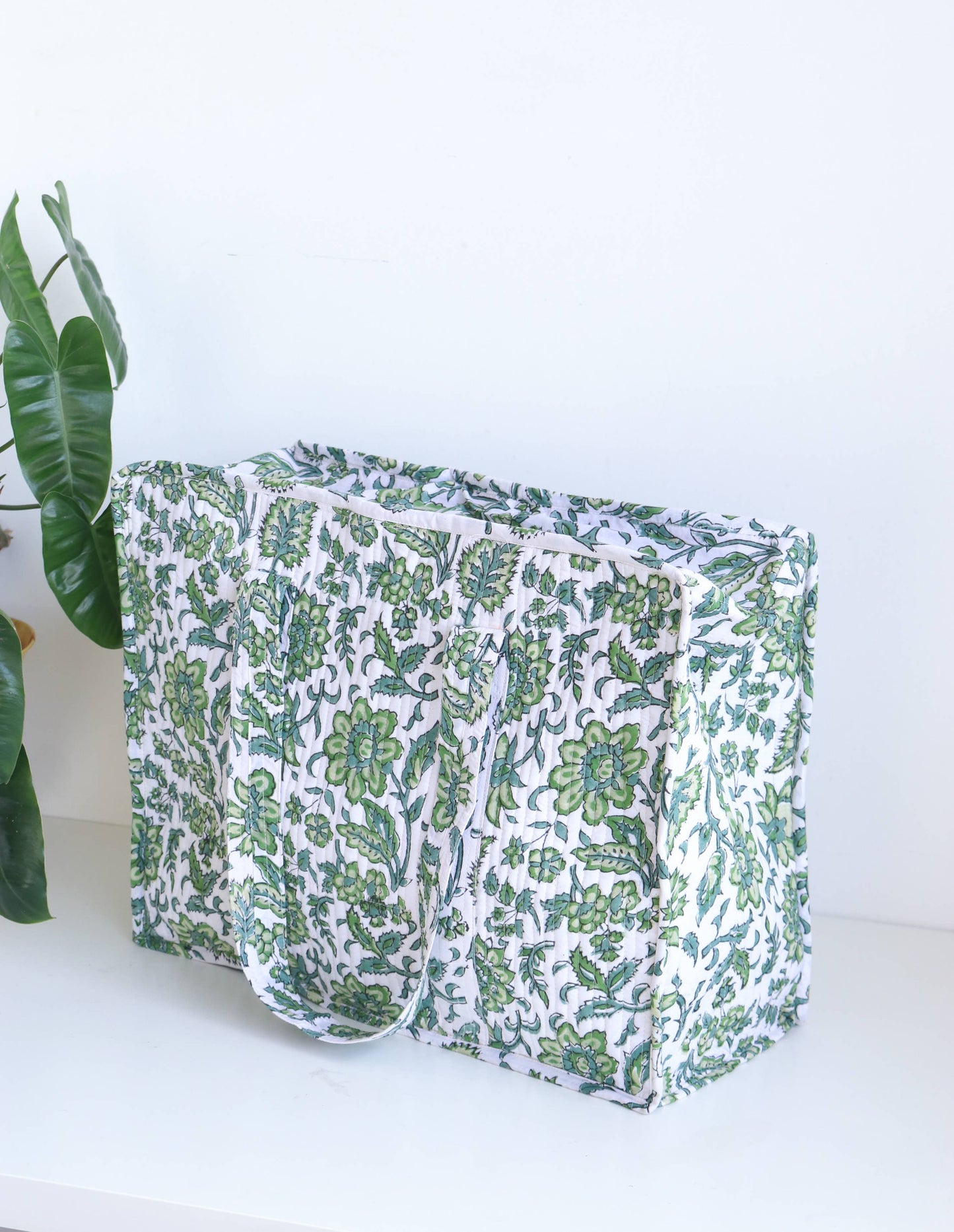 Floral Quilted XL Tote - Green & White Holiday Travel Bag