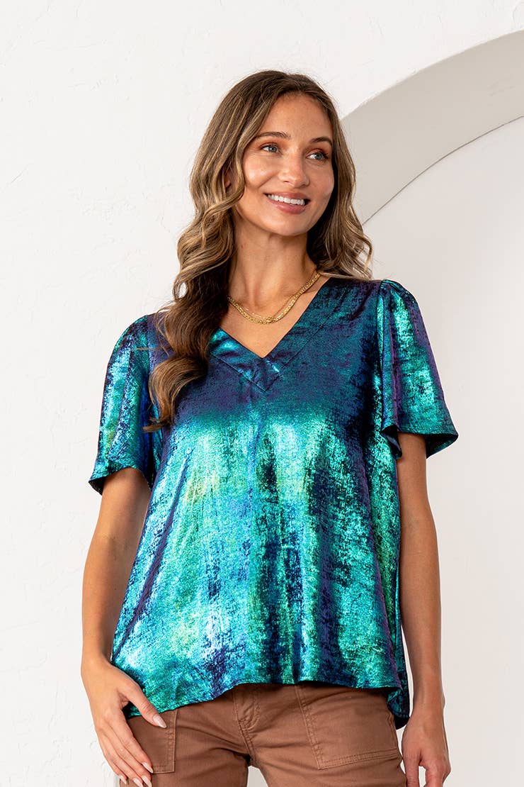 Metallic Sheen Iridescent Top with Puff Sleeves