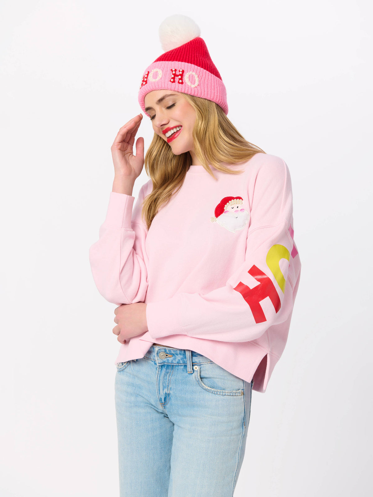 "HO HO HO" BEANIE WITH PEARLS, PINK