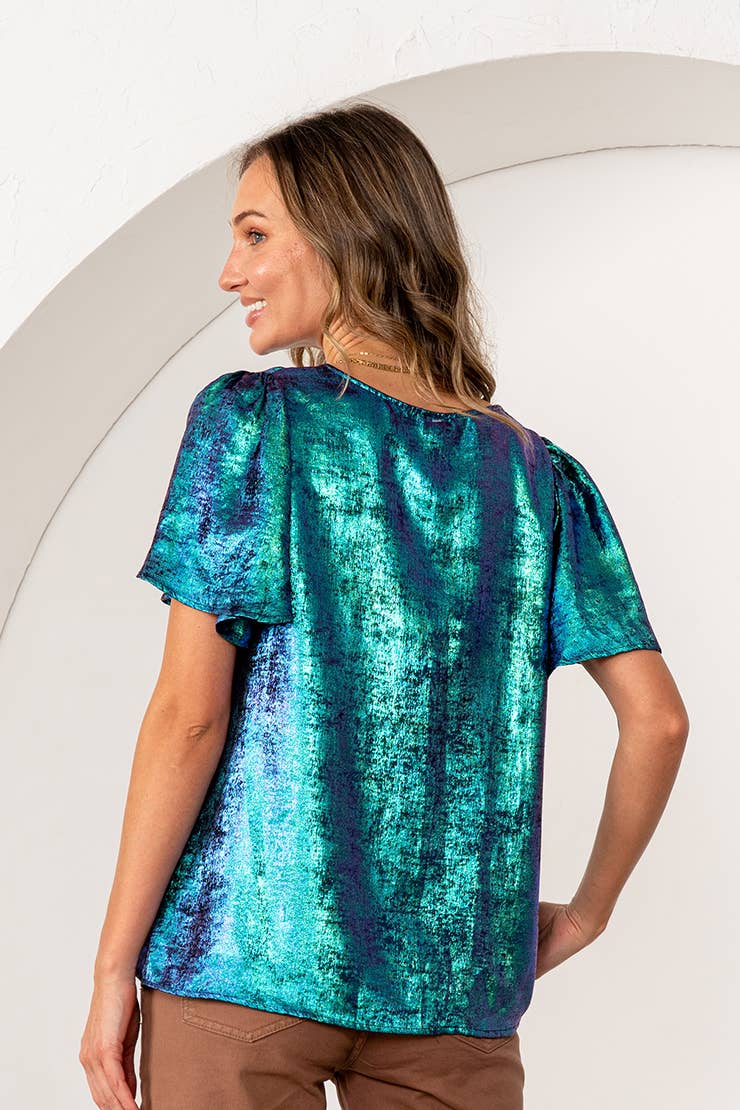 Metallic Sheen Iridescent Top with Puff Sleeves