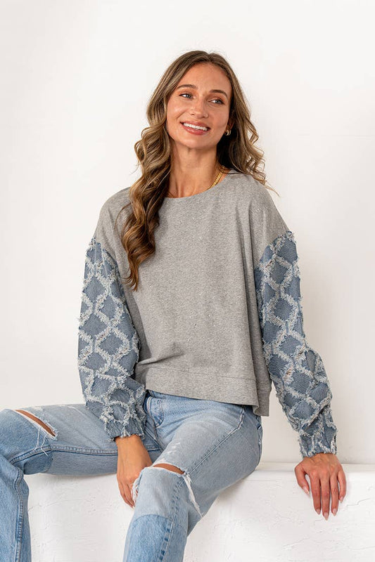 Plus Lattice Textured Denim Long Sleeves Knit Top