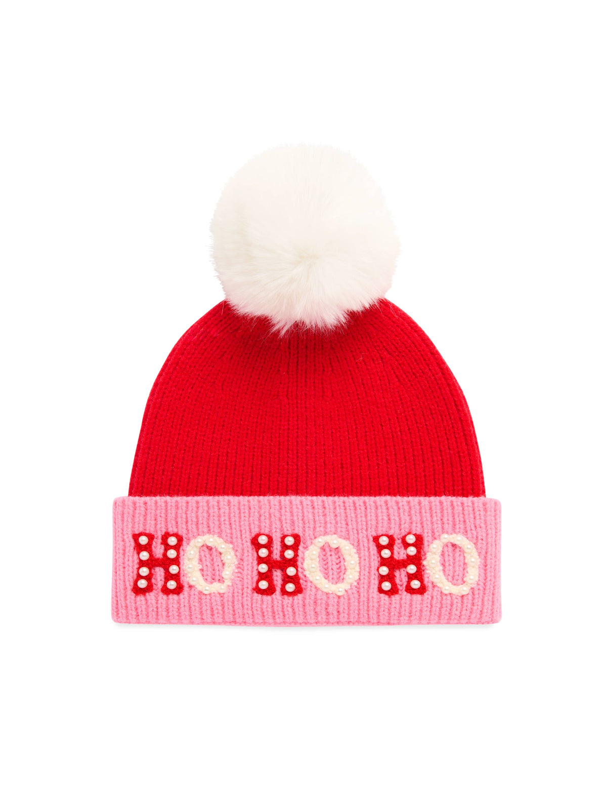 "HO HO HO" BEANIE WITH PEARLS, PINK