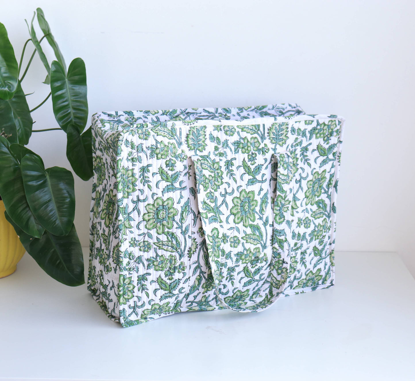 Floral Quilted XL Tote - Green & White Holiday Travel Bag