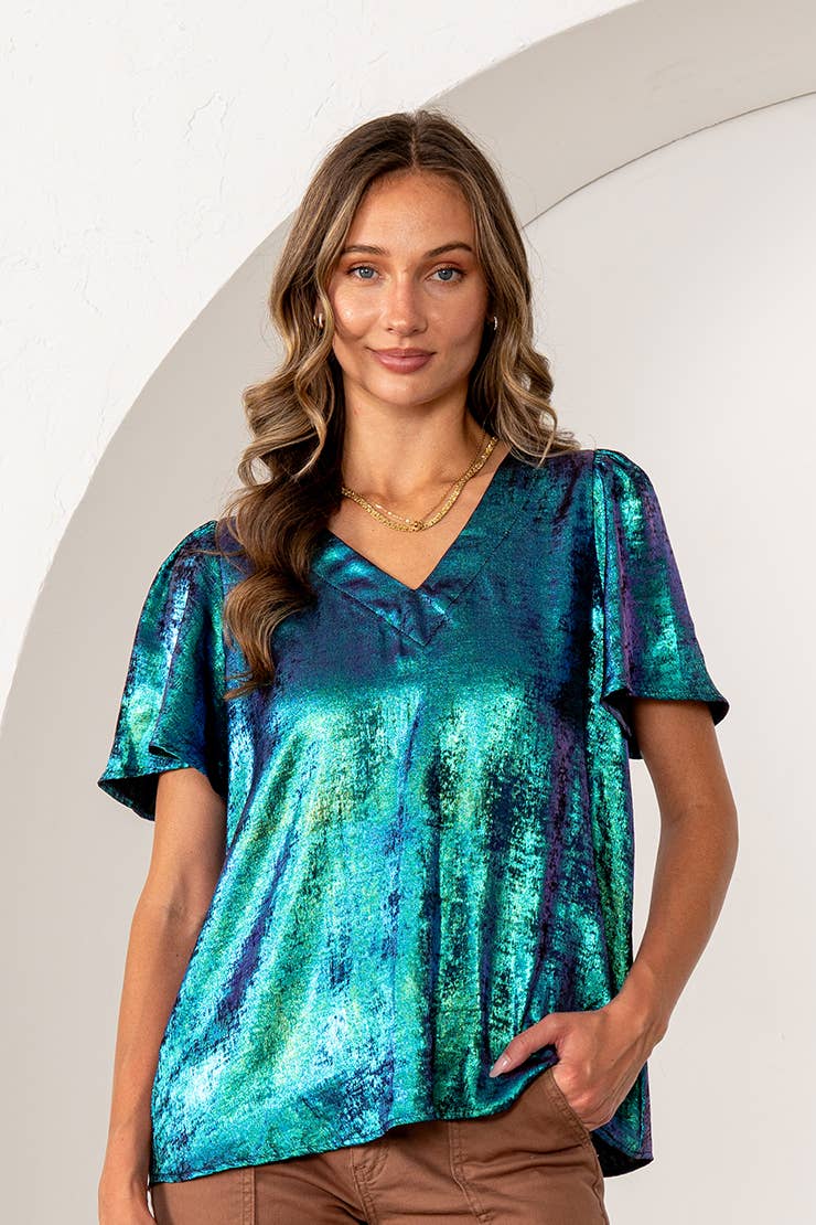 Metallic Sheen Iridescent Top with Puff Sleeves